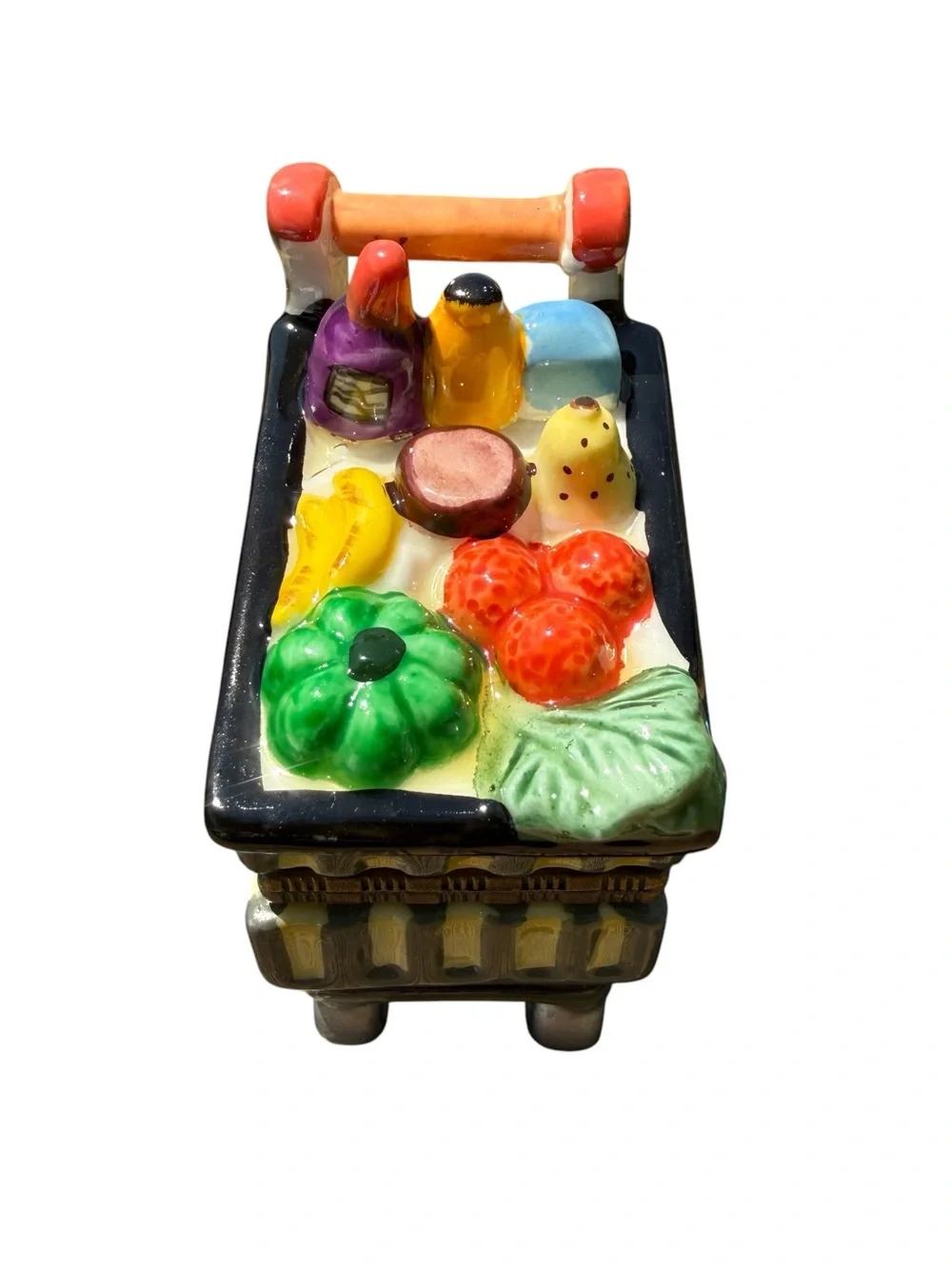 Vintage Grocery Shopping Cart Trinket Box Porcelain Keepsake Miniature Market 4”